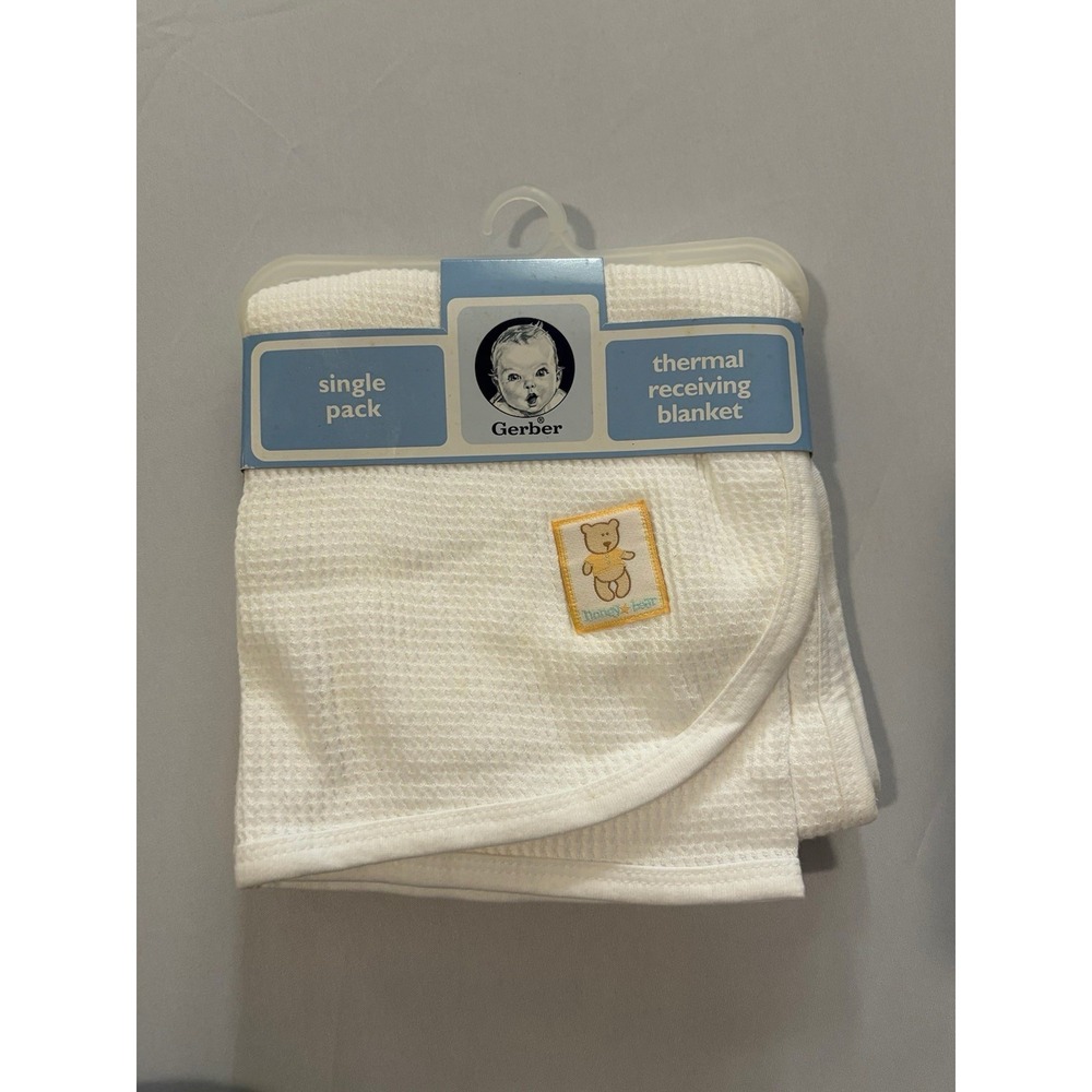 New Gerber Baby Thermal Receiving Blanket Waffle Weave White Honey Bear 30x40